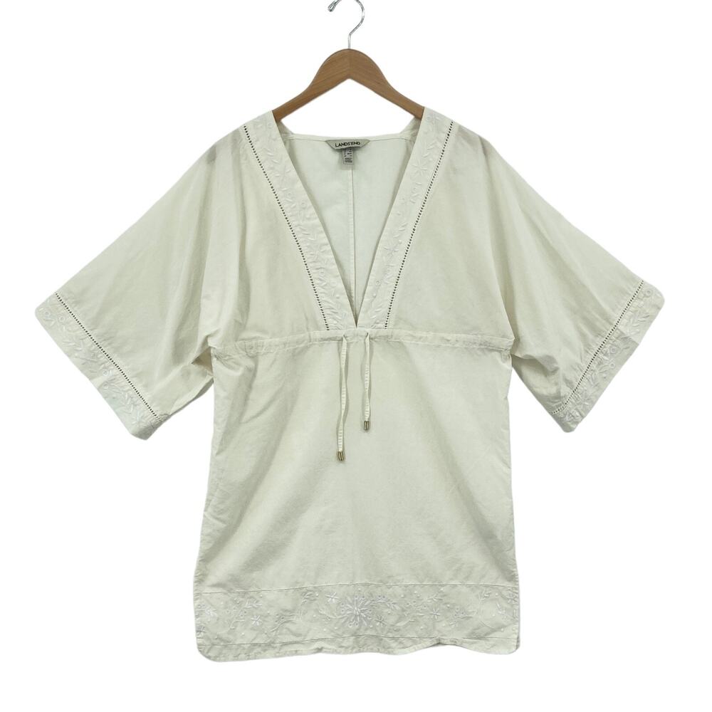 Lands' End Blouse Top Womens Small White Cotton V Neck Drawstring Slit Pullover